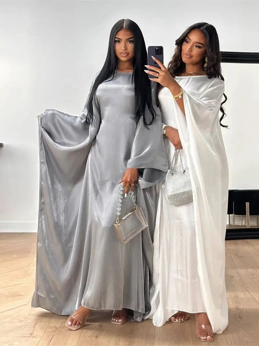 ramadan Eid Abayas For Women Modest Fashion Shimmer Batwing Satin Abaya Dubai Luxury 2024 Muslim Kaftan Dress Kebaya Vestidos--Color: Beige