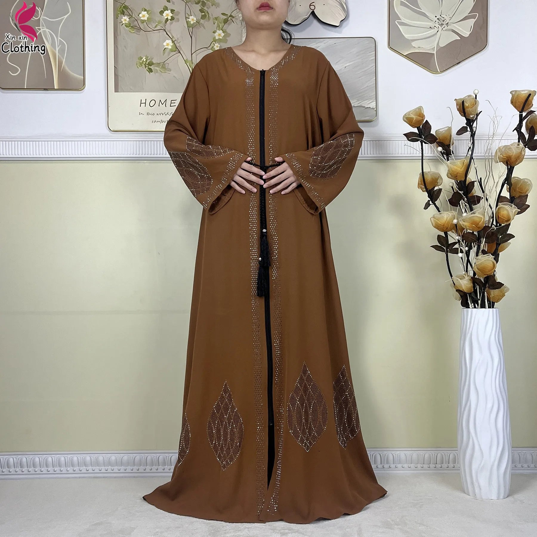 New Muslim Abayas For Women Long Sleeved Dress Dubai Lady Elegant Long Dress Islam Clothing African Abaya Loose Robe With Turban--Color: LS821-11