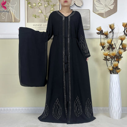 New Muslim Abayas For Women Long Sleeved Dress Dubai Lady Elegant Long Dress Islam Clothing African Abaya Loose Robe With Turban--Color: LS821-7