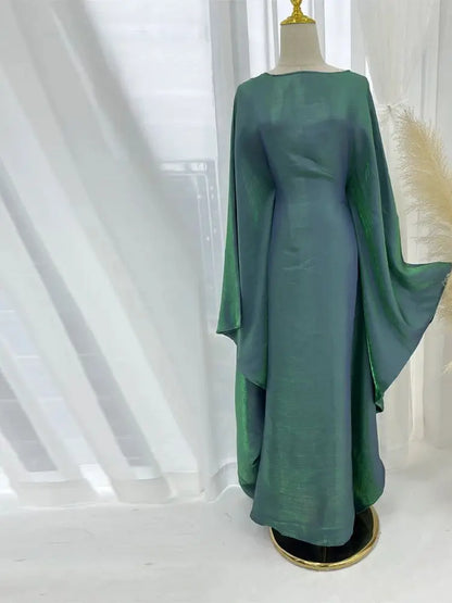 ramadan Eid Abayas For Women Modest Fashion Shimmer Batwing Satin Abaya Dubai Luxury 2024 Muslim Kaftan Dress Kebaya Vestidos--Color: Dark Green