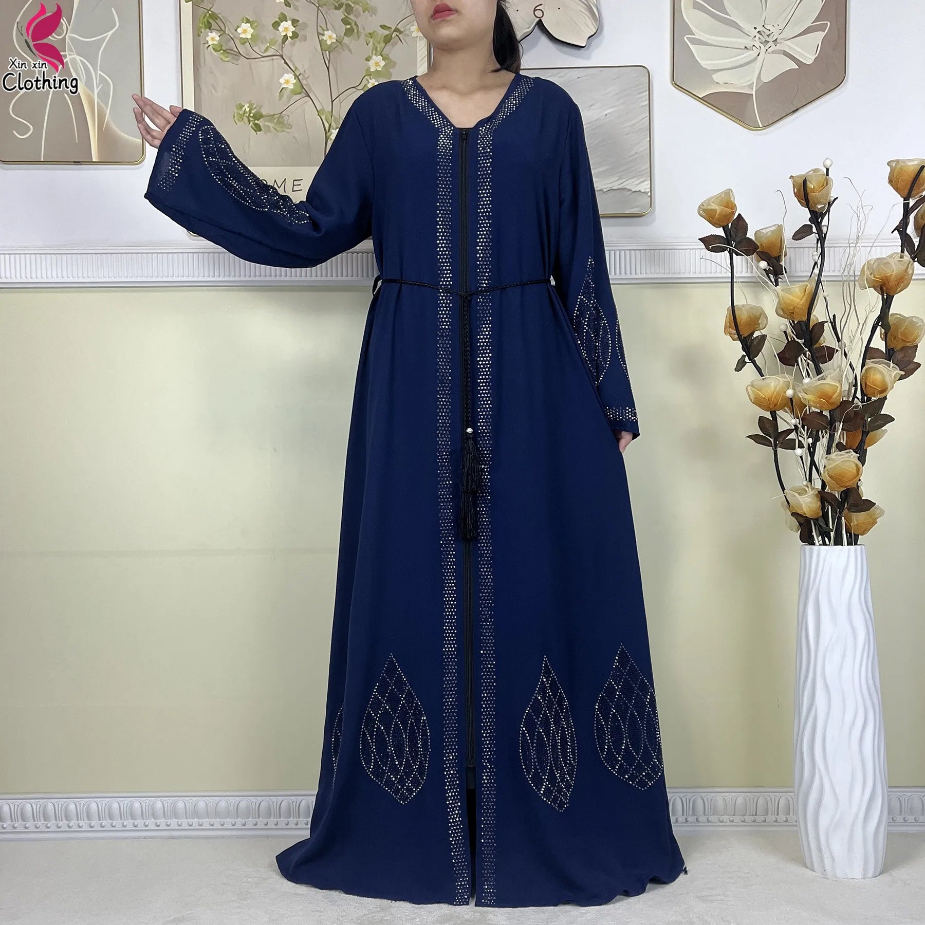 New Muslim Abayas For Women Long Sleeved Dress Dubai Lady Elegant Long Dress Islam Clothing African Abaya Loose Robe With Turban--Color: LS821-11