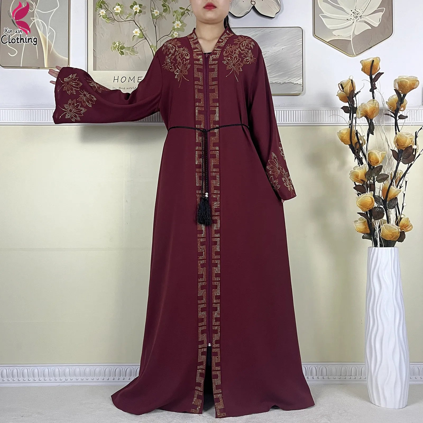 New Muslim Abayas For Women Long Sleeved Dress Dubai Lady Elegant Long Dress Islam Clothing African Abaya Loose Robe With Turban--Color: LS821-11
