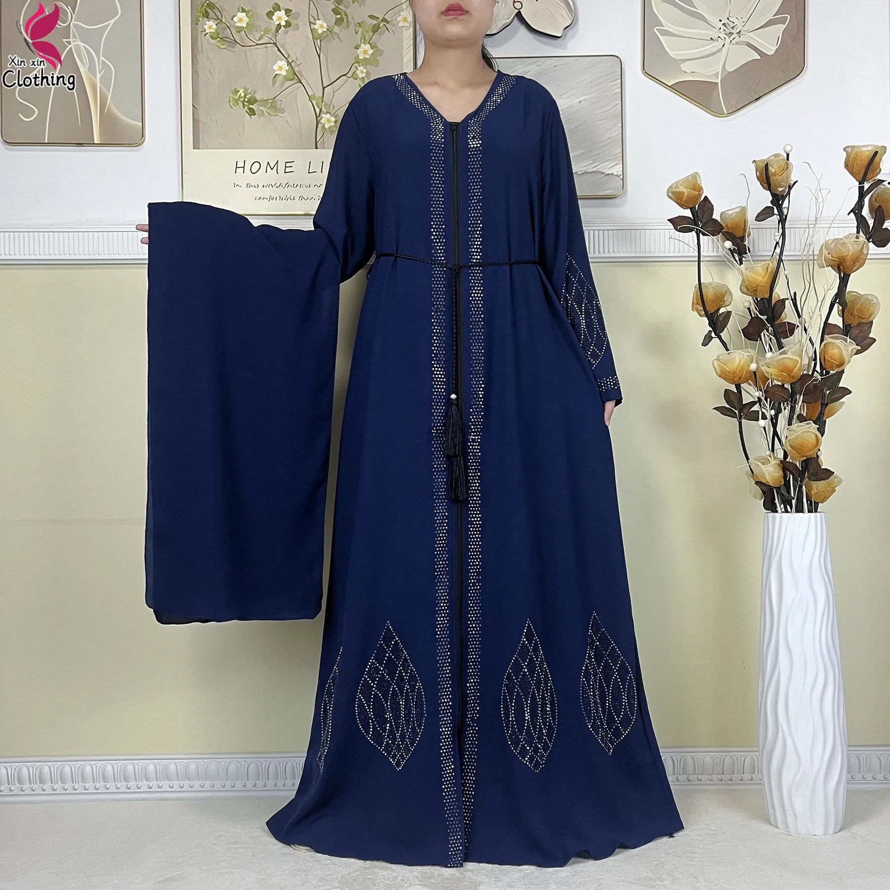 New Muslim Abayas For Women Long Sleeved Dress Dubai Lady Elegant Long Dress Islam Clothing African Abaya Loose Robe With Turban--Color: LS821-11