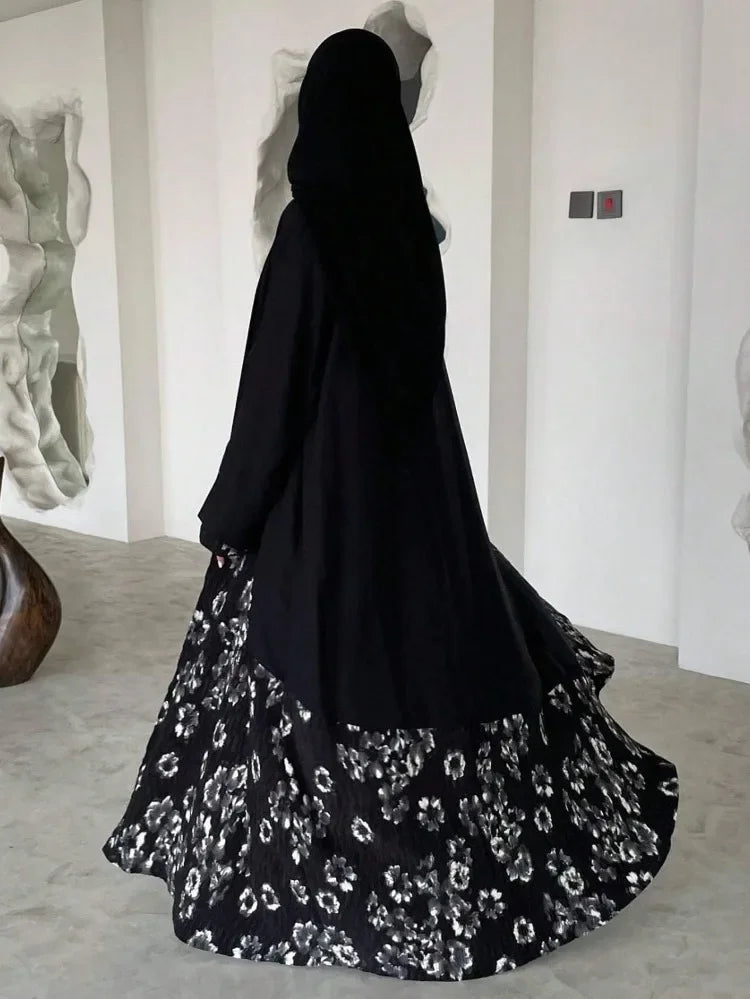 Elegant Abaya Muslim Women Long Sleeve Printed Floral Islamic Abayas Kaftans Jilbabs Maxi Dresses Middle-East Ethnic Clothing--Color: black