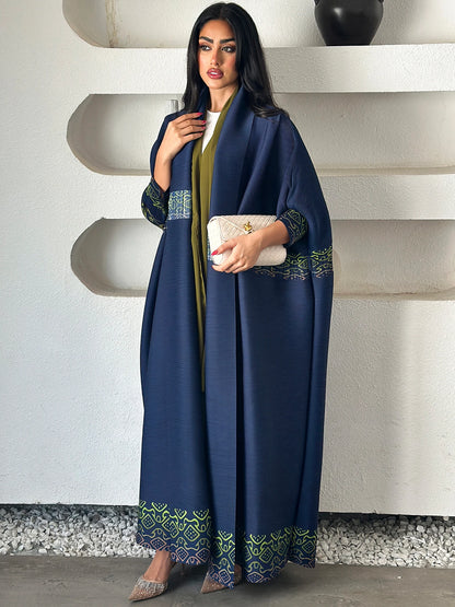 Eid Abaya Dubai Luxury For Women Miyake Pleated Plus Size Middle Eastern Clothing Long Sleeve Coat With Belt Female Formal Robe--Color: Dark Blue