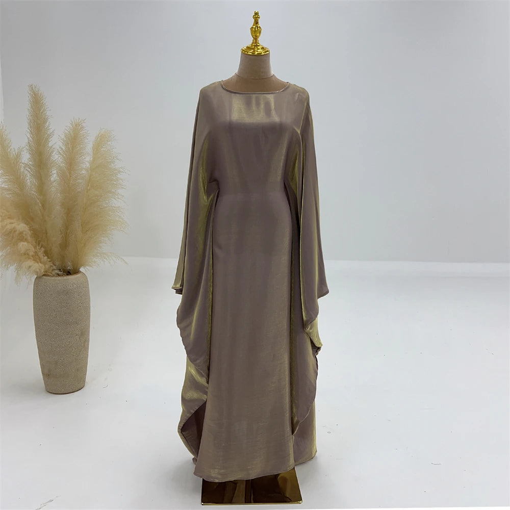 ramadan Eid Abayas For Women Modest Fashion Shimmer Batwing Satin Abaya Dubai Luxury 2024 Muslim Kaftan Dress Kebaya Vestidos--Color: Beige