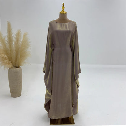 ramadan Eid Abayas For Women Modest Fashion Shimmer Batwing Satin Abaya Dubai Luxury 2024 Muslim Kaftan Dress Kebaya Vestidos--Color: Beige