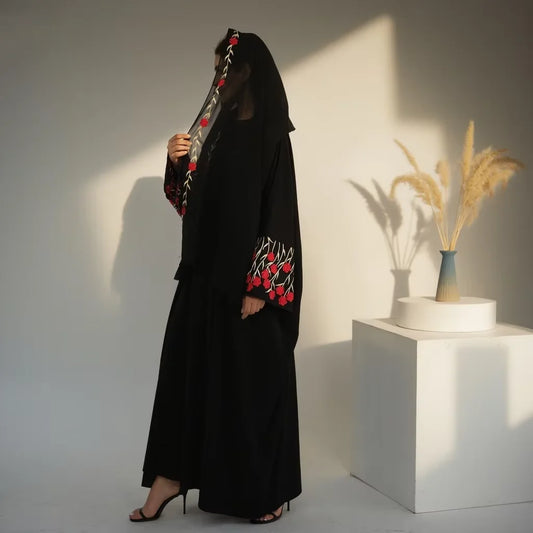 Open Abaya Dubai Embroidery Muslim Hijab Dress Women Islam Clothing Turkey Kaftan Kimono Jalabiya Kebaya Caftan Marocain Femme--Color: Red Abaya