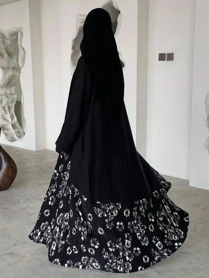 Elegant Abaya Muslim Women Long Sleeve Printed Floral Islamic Abayas Kaftans Jilbabs Maxi Dresses Middle-East Ethnic Clothing--Color: black