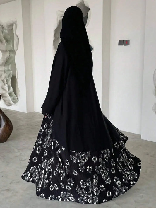 Elegant Abaya Muslim Women Long Sleeve Printed Floral Islamic Abayas Kaftans Jilbabs Maxi Dresses Middle-East Ethnic Clothing--Color: black