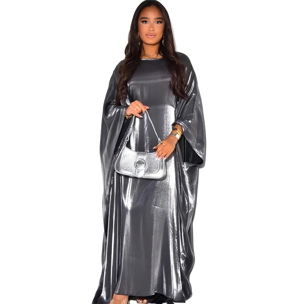 ramadan Eid Abayas For Women Modest Fashion Shimmer Batwing Satin Abaya Dubai Luxury 2024 Muslim Kaftan Dress Kebaya Vestidos--Color: Beige