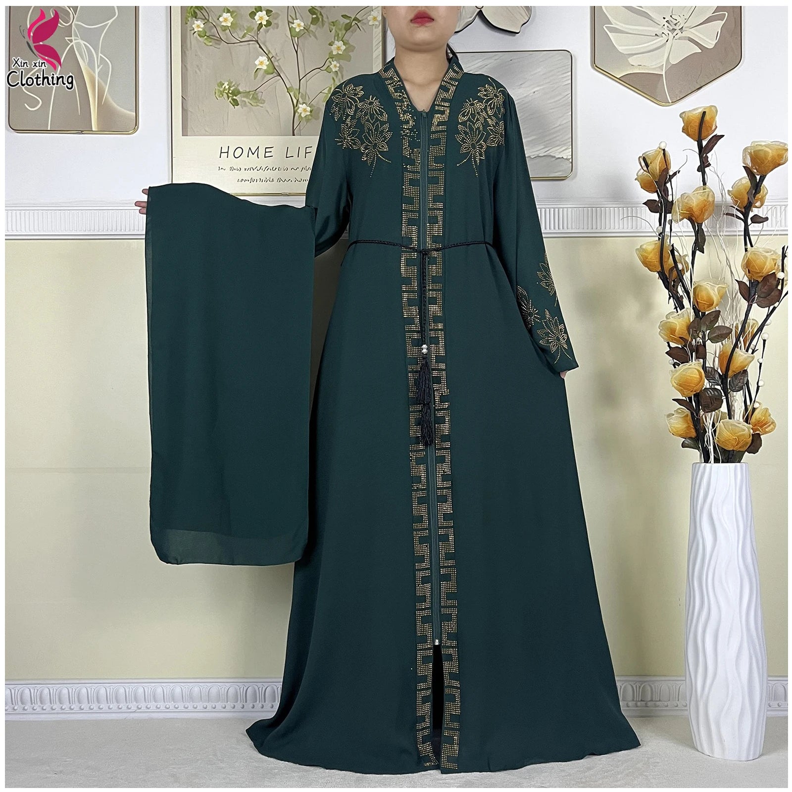 New Muslim Abayas For Women Long Sleeved Dress Dubai Lady Elegant Long Dress Islam Clothing African Abaya Loose Robe With Turban--Color: LS821-11