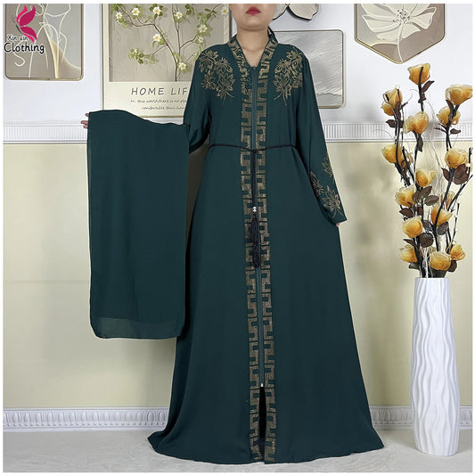 New Muslim Abayas For Women Long Sleeved Dress Dubai Lady Elegant Long Dress Islam Clothing African Abaya Loose Robe With Turban--Color: LS821-11