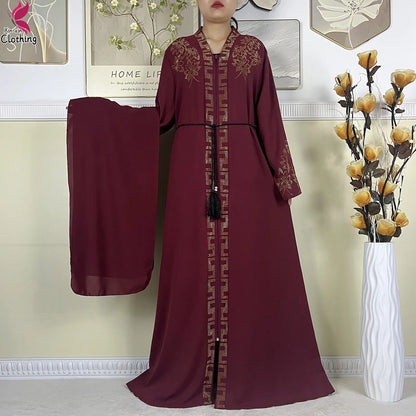 New Muslim Abayas For Women Long Sleeved Dress Dubai Lady Elegant Long Dress Islam Clothing African Abaya Loose Robe With Turban--Color: LS821-2