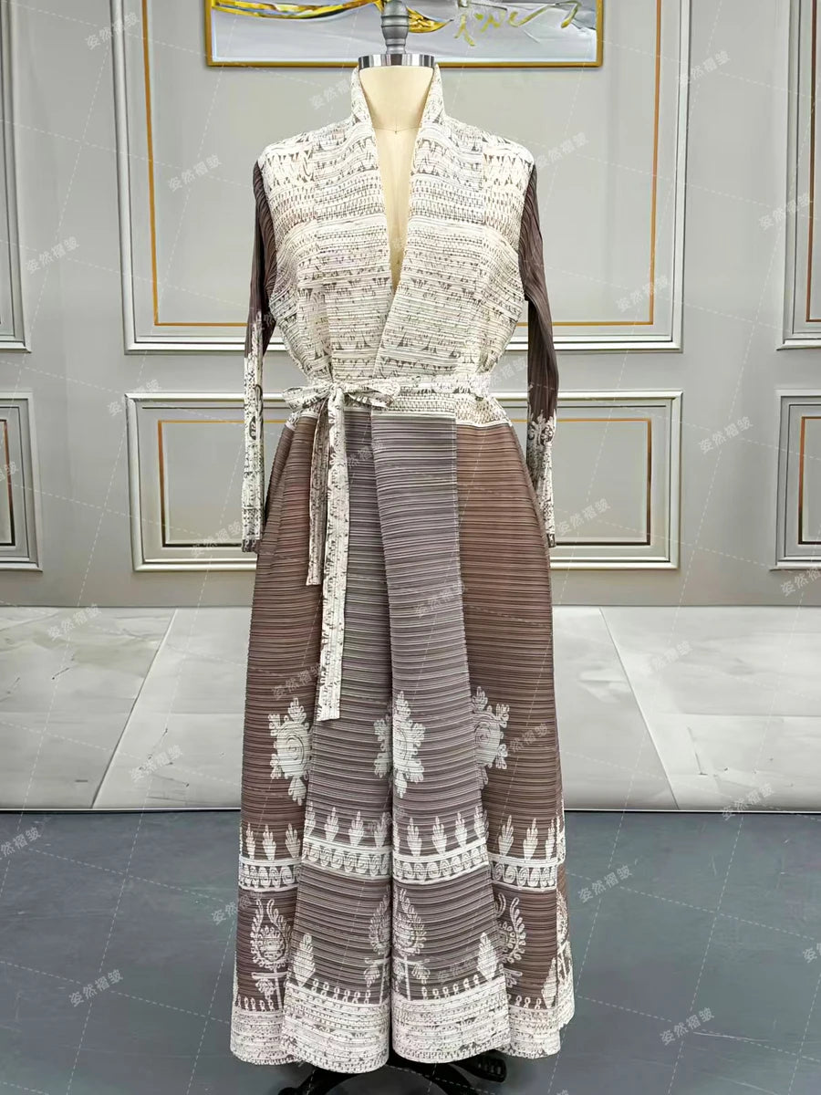 Eid Abaya Dubai Luxury For Women Miyake Pleated Plus Size Middle Eastern Clothing Long Sleeve Coat With Belt Female Formal Robe--Color: Brown