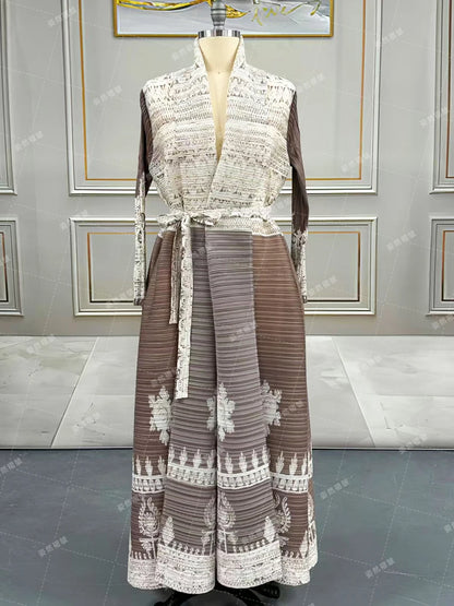 Eid Abaya Dubai Luxury For Women Miyake Pleated Plus Size Middle Eastern Clothing Long Sleeve Coat With Belt Female Formal Robe--Color: Brown