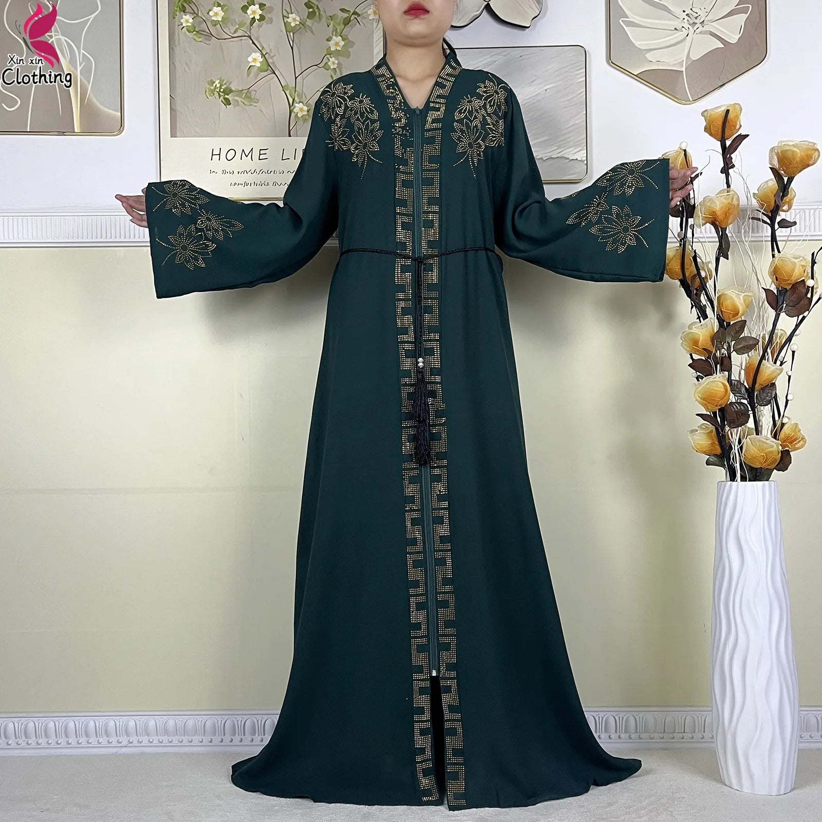New Muslim Abayas For Women Long Sleeved Dress Dubai Lady Elegant Long Dress Islam Clothing African Abaya Loose Robe With Turban--Color: LS821-11