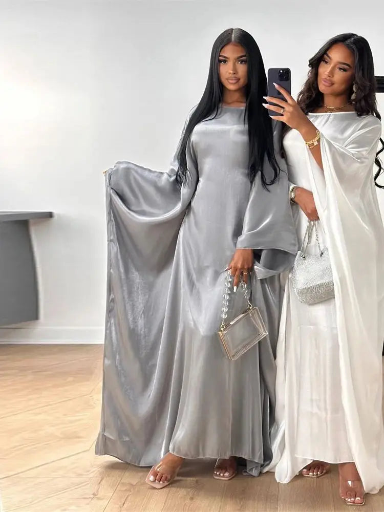 ramadan Eid Abayas For Women Modest Fashion Shimmer Batwing Satin Abaya Dubai Luxury 2024 Muslim Kaftan Dress Kebaya Vestidos--Color: Light Gray