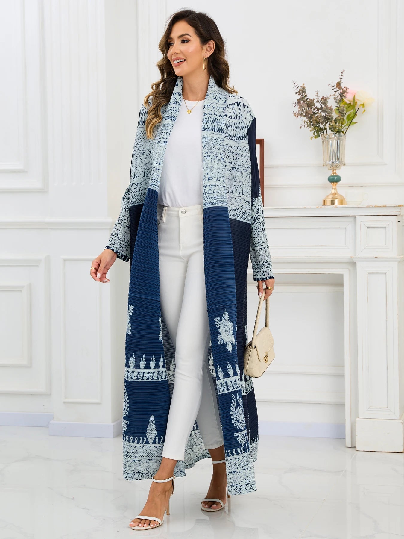 Eid Abaya Dubai Luxury For Women Miyake Pleated Plus Size Middle Eastern Clothing Long Sleeve Coat With Belt Female Formal Robe--Color: Dark Blue