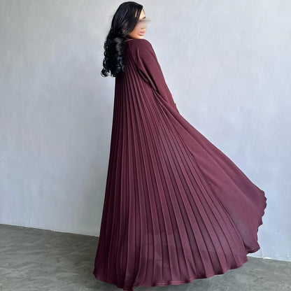 Eid Muslim Abaya for Women Party Dresses Jalabiya pleated abayas Ramadan Morocco Dubai Kaftan Islam Vestidos Arab Long Robe 2023--Color: wine red
