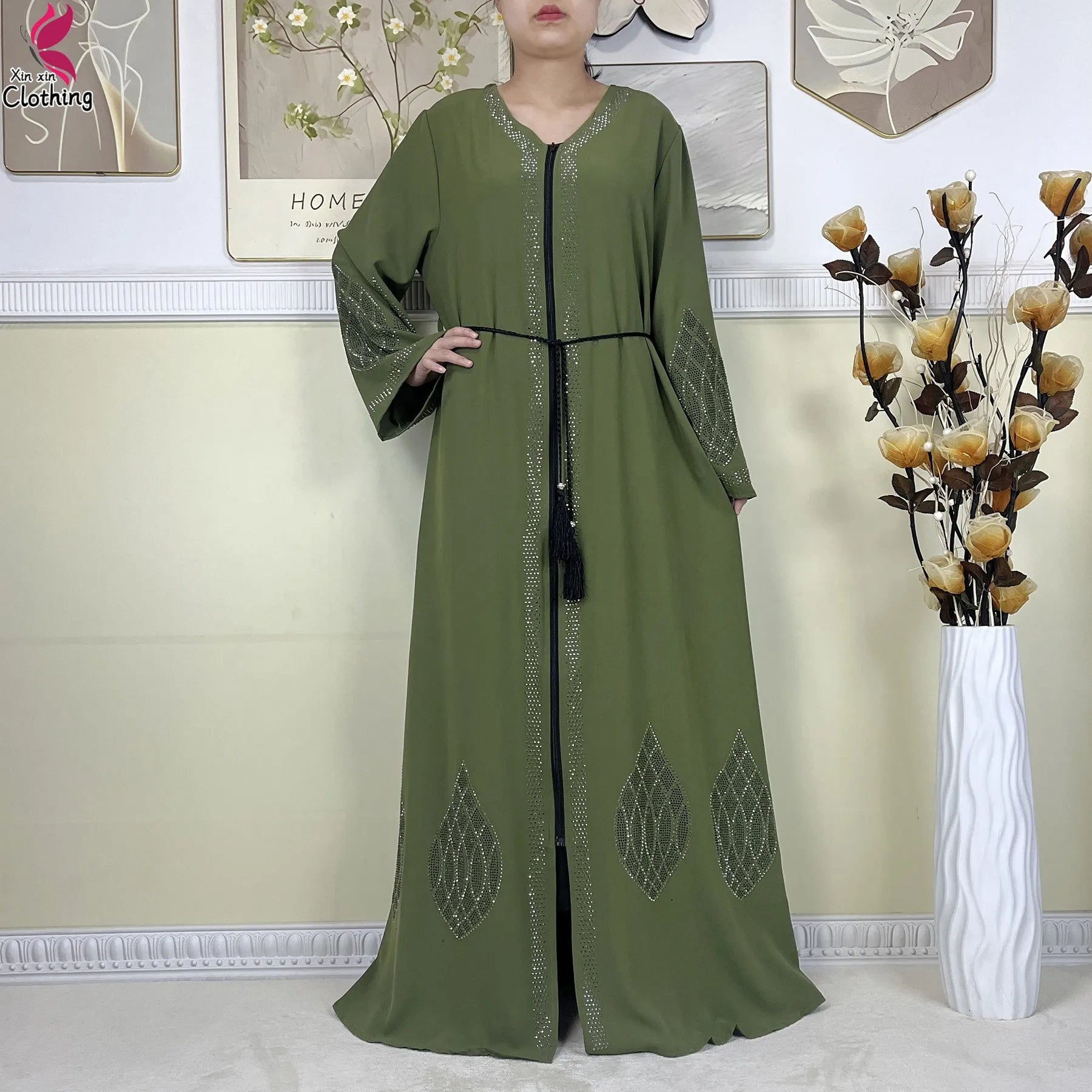 New Muslim Abayas For Women Long Sleeved Dress Dubai Lady Elegant Long Dress Islam Clothing African Abaya Loose Robe With Turban--Color: LS821-11