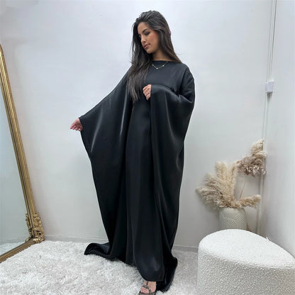 ramadan Eid Abayas For Women Modest Fashion Shimmer Batwing Satin Abaya Dubai Luxury 2024 Muslim Kaftan Dress Kebaya Vestidos--Color: Beige