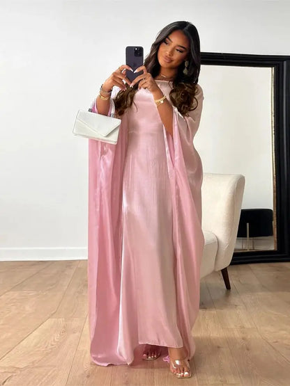 ramadan Eid Abayas For Women Modest Fashion Shimmer Batwing Satin Abaya Dubai Luxury 2024 Muslim Kaftan Dress Kebaya Vestidos--Color: Light Pink