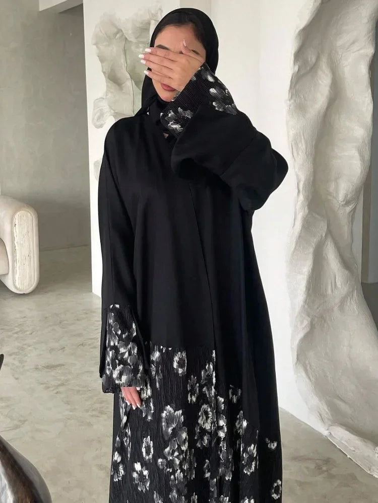 Elegant Abaya Muslim Women Long Sleeve Printed Floral Islamic Abayas Kaftans Jilbabs Maxi Dresses Middle-East Ethnic Clothing--Color: black