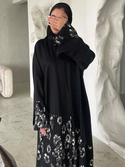 Elegant Abaya Muslim Women Long Sleeve Printed Floral Islamic Abayas Kaftans Jilbabs Maxi Dresses Middle-East Ethnic Clothing--Color: black