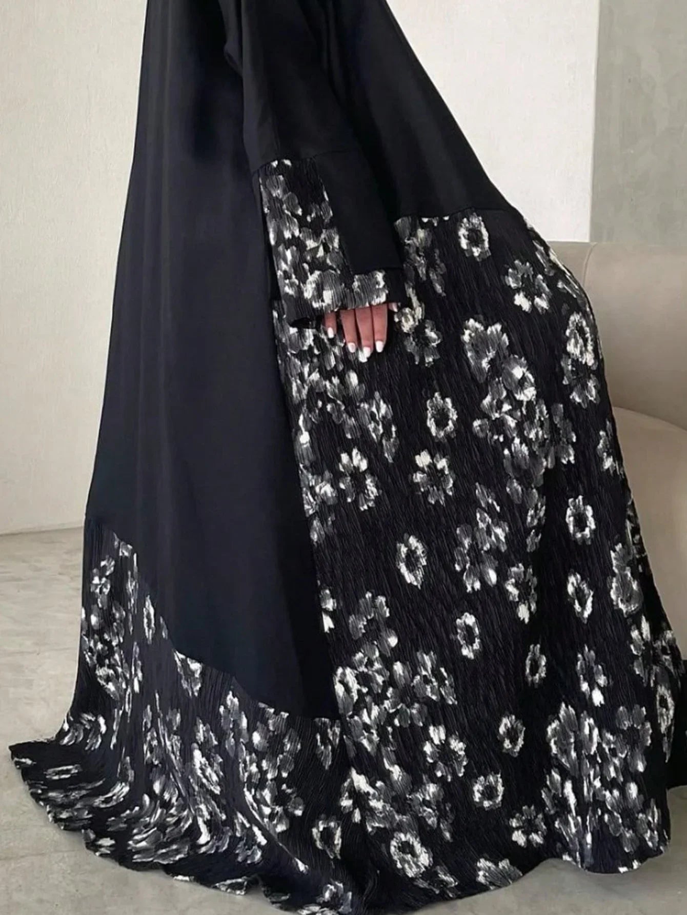 Elegant Abaya Muslim Women Long Sleeve Printed Floral Islamic Abayas Kaftans Jilbabs Maxi Dresses Middle-East Ethnic Clothing--Color: black