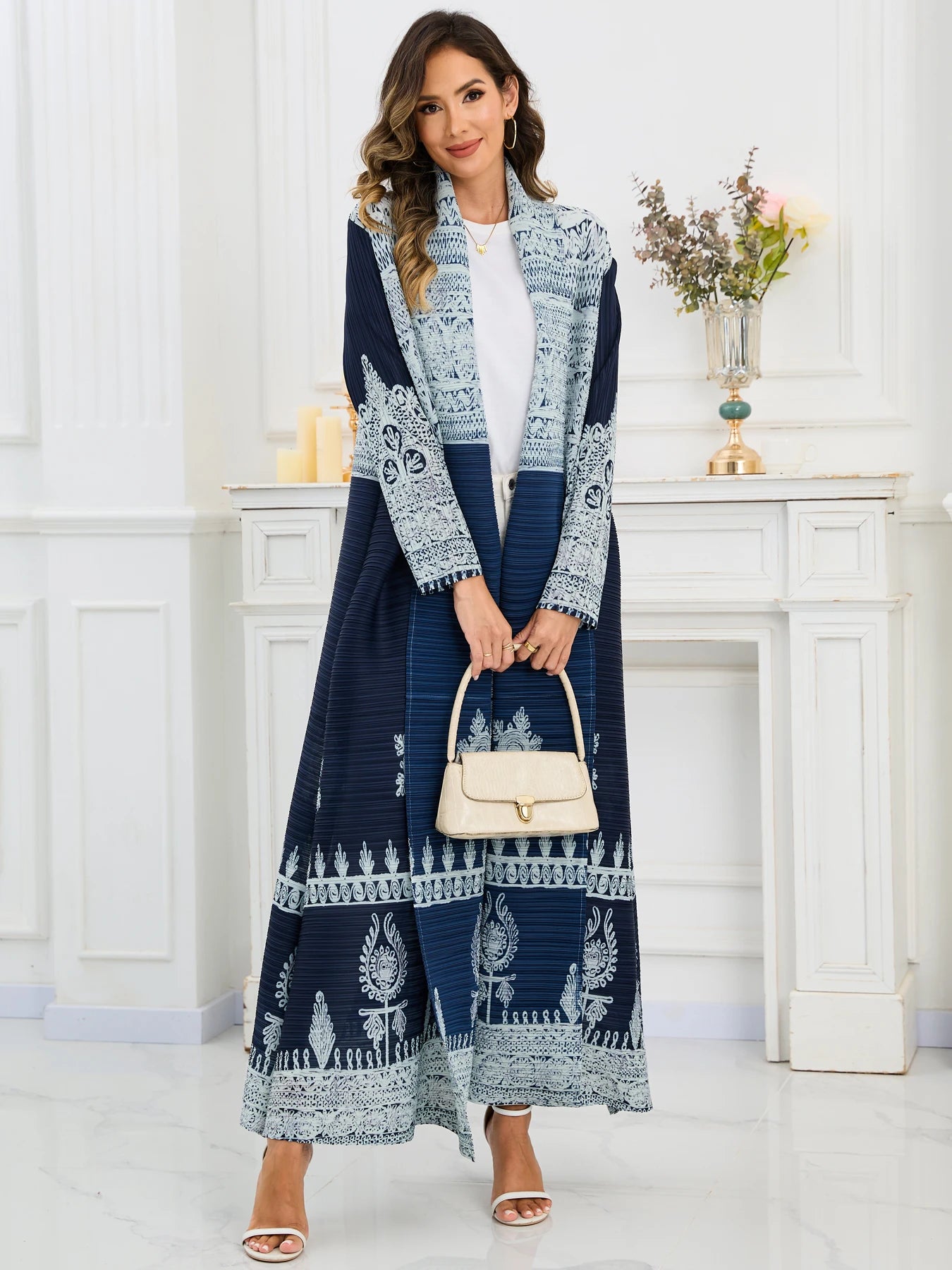 Eid Abaya Dubai Luxury For Women Miyake Pleated Plus Size Middle Eastern Clothing Long Sleeve Coat With Belt Female Formal Robe--Color: Dark Blue