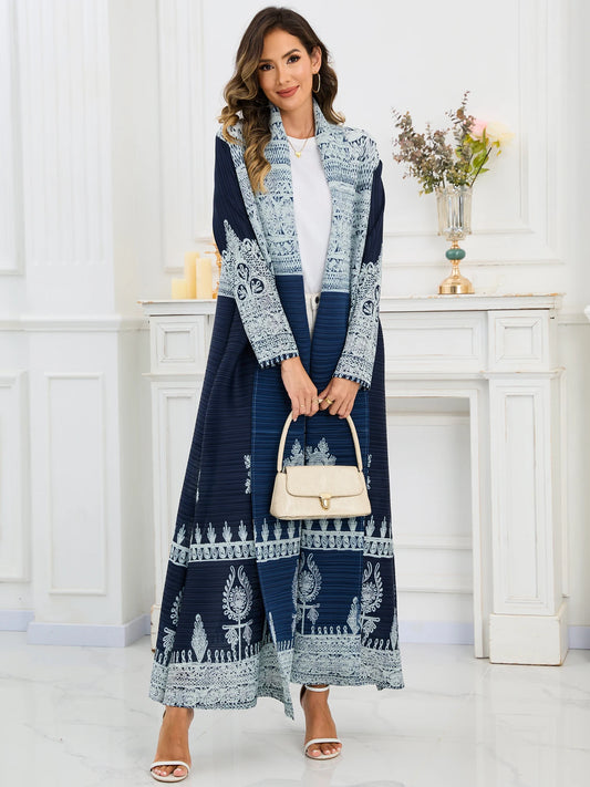 Eid Abaya Dubai Luxury For Women Miyake Pleated Plus Size Middle Eastern Clothing Long Sleeve Coat With Belt Female Formal Robe--Color: Dark Blue