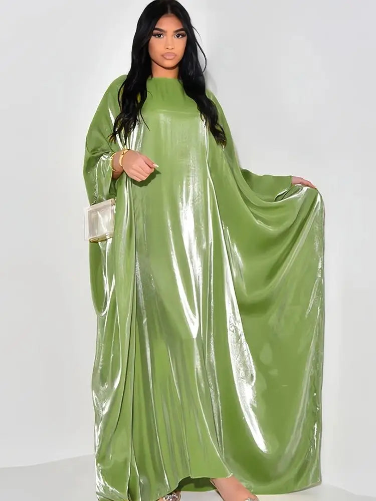 ramadan Eid Abayas For Women Modest Fashion Shimmer Batwing Satin Abaya Dubai Luxury 2024 Muslim Kaftan Dress Kebaya Vestidos--Color: Beige