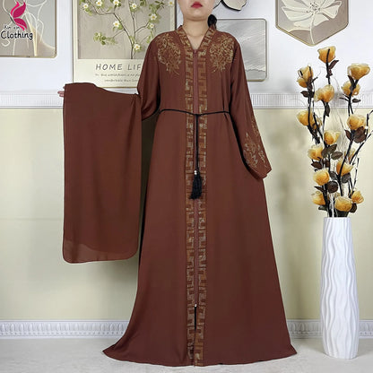 New Muslim Abayas For Women Long Sleeved Dress Dubai Lady Elegant Long Dress Islam Clothing African Abaya Loose Robe With Turban--Color: LS821-5