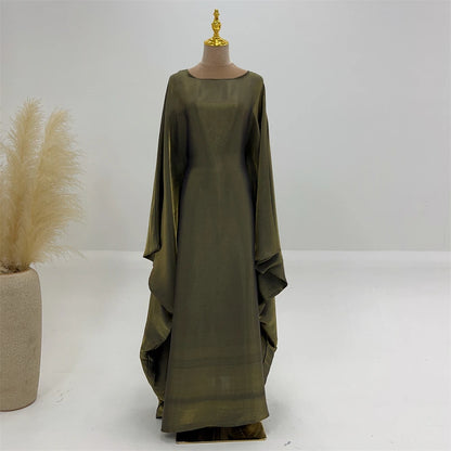 ramadan Eid Abayas For Women Modest Fashion Shimmer Batwing Satin Abaya Dubai Luxury 2024 Muslim Kaftan Dress Kebaya Vestidos--Color: Beige