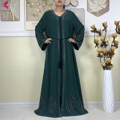New Muslim Abayas For Women Long Sleeved Dress Dubai Lady Elegant Long Dress Islam Clothing African Abaya Loose Robe With Turban--Color: LS821-11