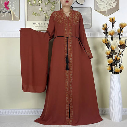 New Muslim Abayas For Women Long Sleeved Dress Dubai Lady Elegant Long Dress Islam Clothing African Abaya Loose Robe With Turban--Color: LS821-4