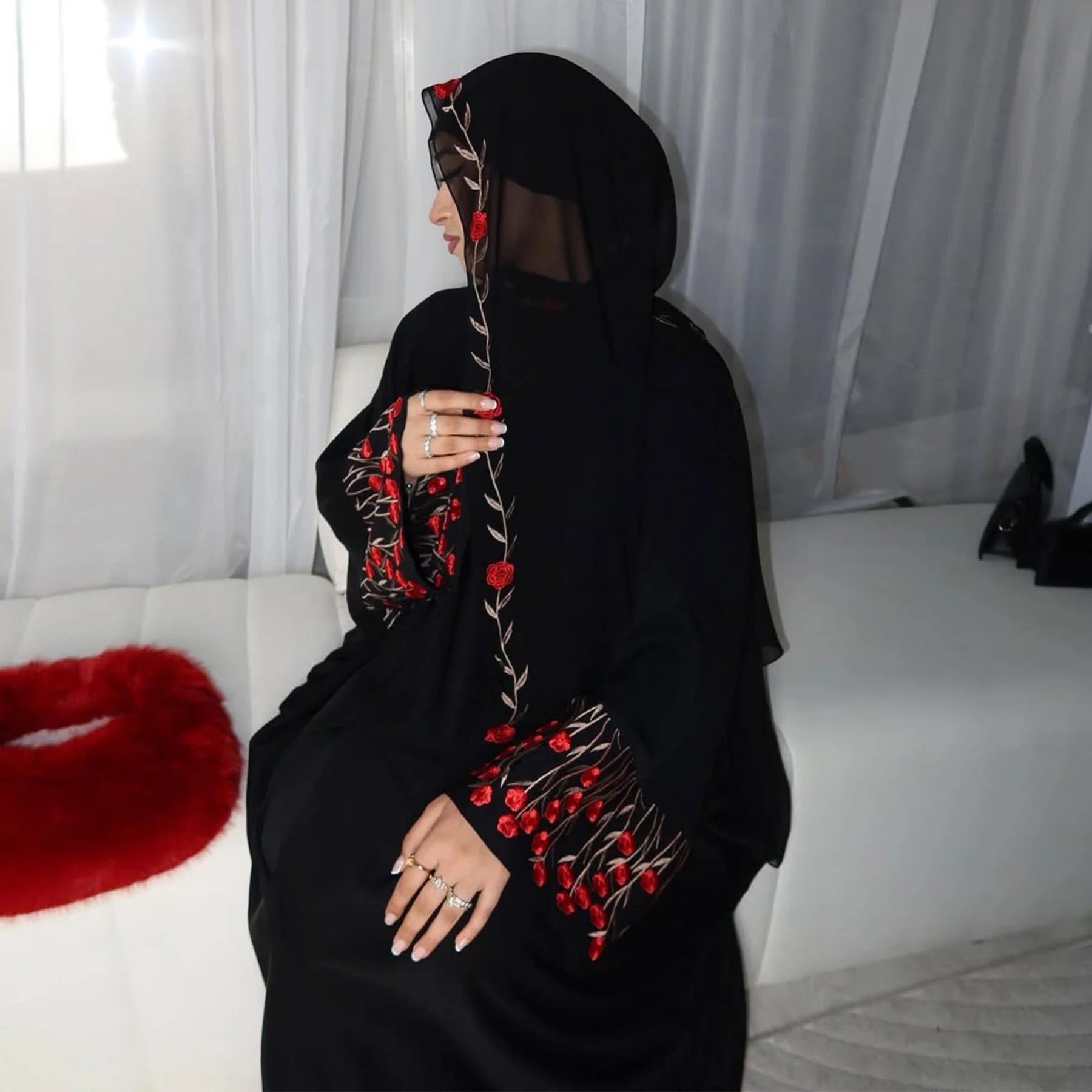 Open Abaya Dubai Embroidery Muslim Hijab Dress Women Islam Clothing Turkey Kaftan Kimono Jalabiya Kebaya Caftan Marocain Femme--Color: Red Abaya