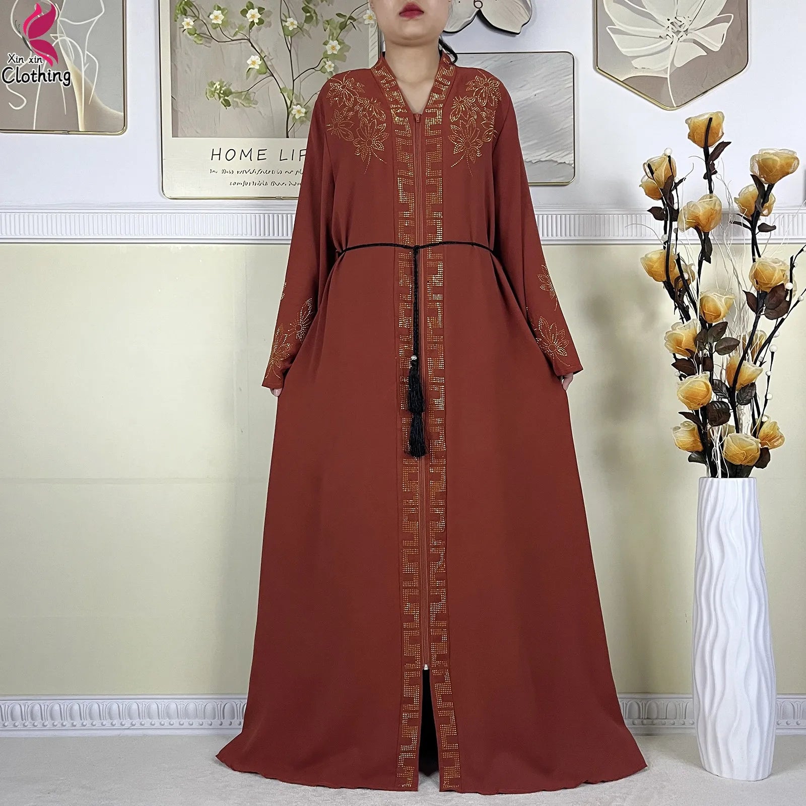 New Muslim Abayas For Women Long Sleeved Dress Dubai Lady Elegant Long Dress Islam Clothing African Abaya Loose Robe With Turban--Color: LS821-11