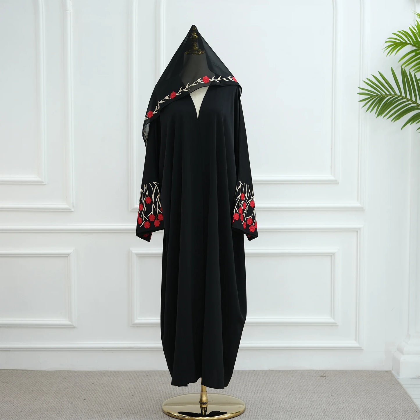 Open Abaya Dubai Embroidery Muslim Hijab Dress Women Islam Clothing Turkey Kaftan Kimono Jalabiya Kebaya Caftan Marocain Femme--Color: Red 2PCS