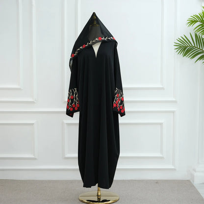 Open Abaya Dubai Embroidery Muslim Hijab Dress Women Islam Clothing Turkey Kaftan Kimono Jalabiya Kebaya Caftan Marocain Femme--Color: Red 2PCS