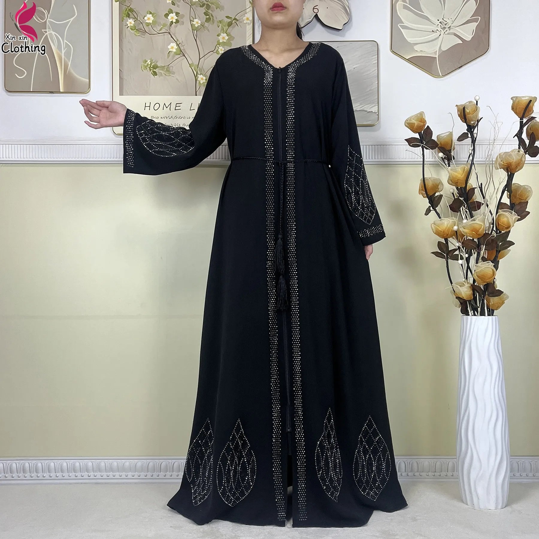 New Muslim Abayas For Women Long Sleeved Dress Dubai Lady Elegant Long Dress Islam Clothing African Abaya Loose Robe With Turban--Color: LS821-11