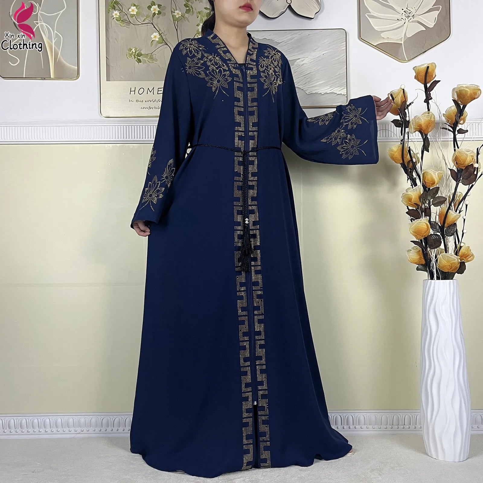 New Muslim Abayas For Women Long Sleeved Dress Dubai Lady Elegant Long Dress Islam Clothing African Abaya Loose Robe With Turban--Color: LS821-11