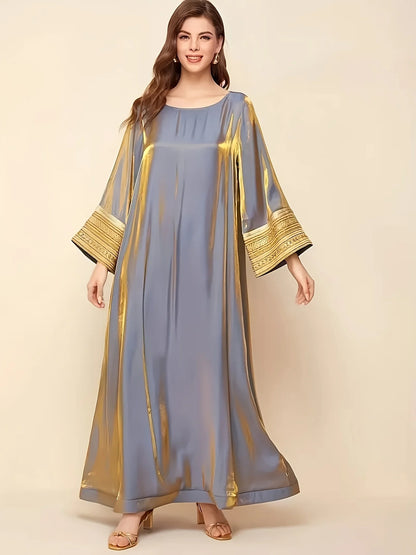 Abaya A Long Dress with a Round Neckline Featuring Directional Reflective Lace Decoration, Elegant Long Sleeves, And a Loose Fit--Color: Gold