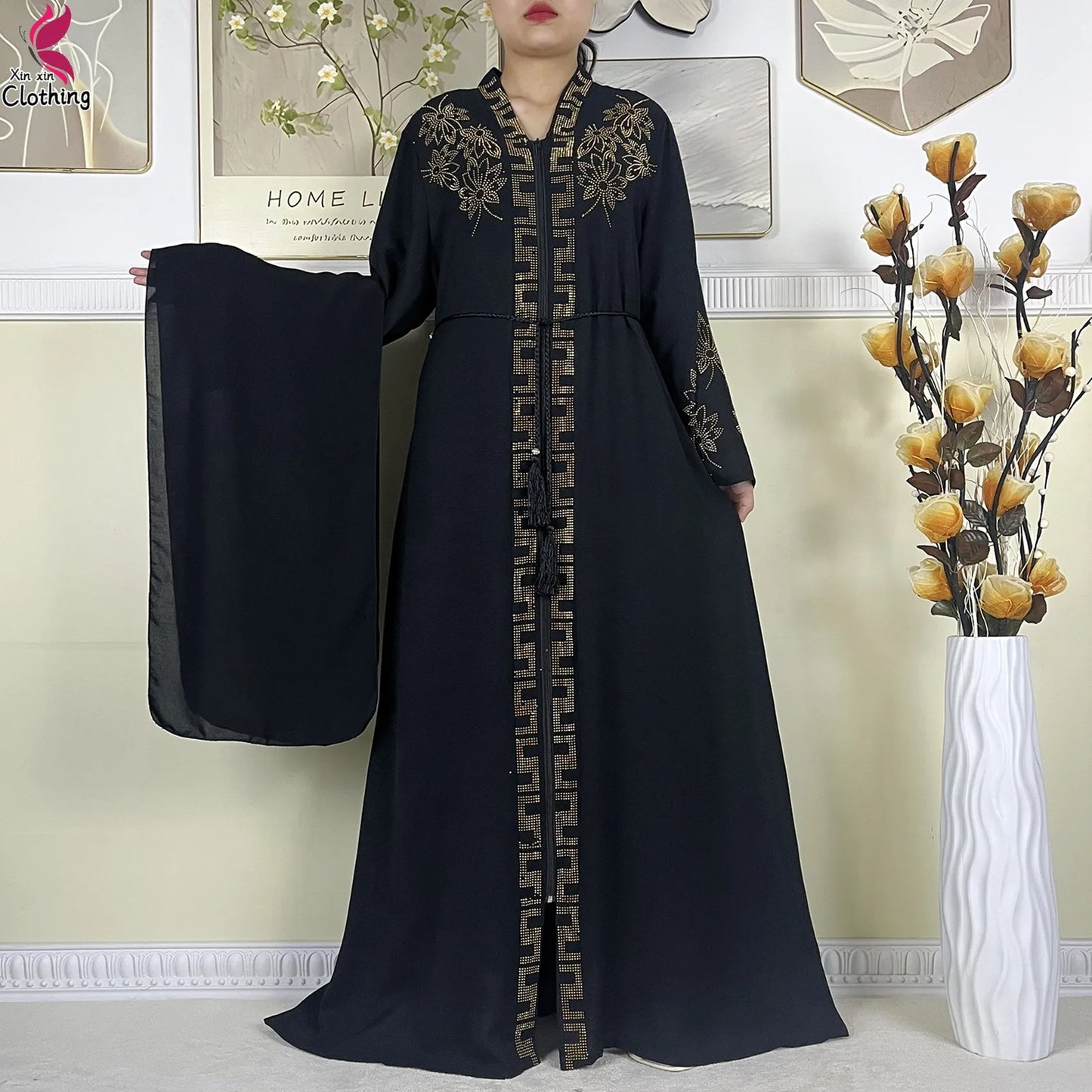 New Muslim Abayas For Women Long Sleeved Dress Dubai Lady Elegant Long Dress Islam Clothing African Abaya Loose Robe With Turban--Color: LS821-1