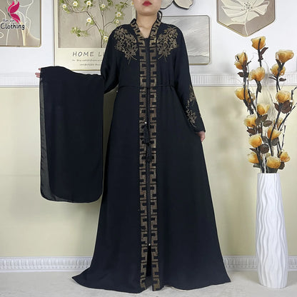 New Muslim Abayas For Women Long Sleeved Dress Dubai Lady Elegant Long Dress Islam Clothing African Abaya Loose Robe With Turban--Color: LS821-1