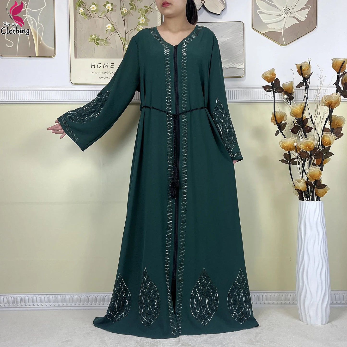 New Muslim Abayas For Women Long Sleeved Dress Dubai Lady Elegant Long Dress Islam Clothing African Abaya Loose Robe With Turban--Color: LS821-11
