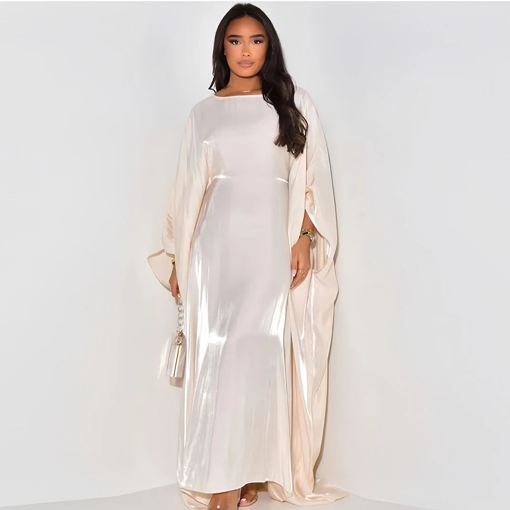 ramadan Eid Abayas For Women Modest Fashion Shimmer Batwing Satin Abaya Dubai Luxury 2024 Muslim Kaftan Dress Kebaya Vestidos--Color: Beige