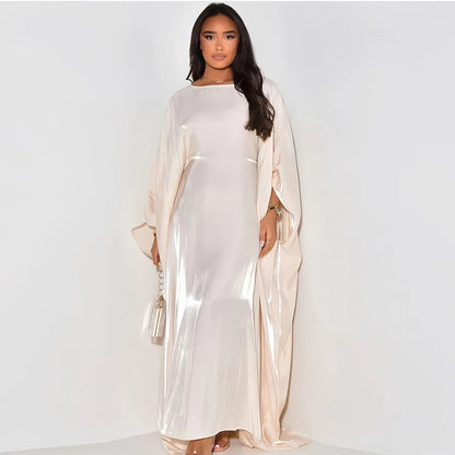 ramadan Eid Abayas For Women Modest Fashion Shimmer Batwing Satin Abaya Dubai Luxury 2024 Muslim Kaftan Dress Kebaya Vestidos--Color: Beige