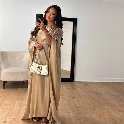 ramadan Eid Abayas For Women Modest Fashion Shimmer Batwing Satin Abaya Dubai Luxury 2024 Muslim Kaftan Dress Kebaya Vestidos--Color: Beige